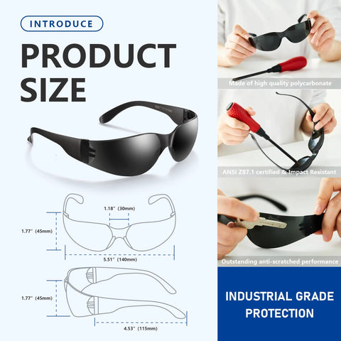 Tinted Safety Glasses Bulk 24 Pack With UV Protection Dark Smoke Lenses, size dimensions, UV shielding, polycarbonate material.