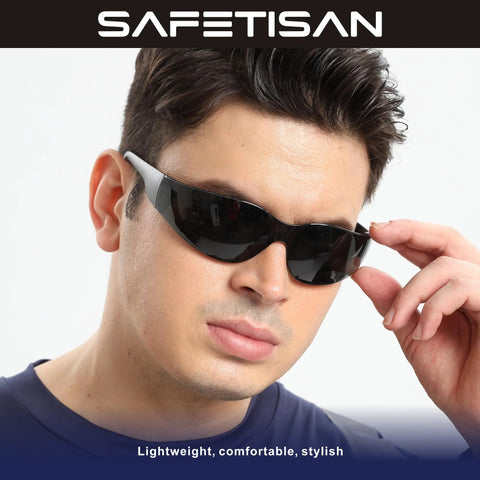 Man wearing Tinted Safety Glasses Bulk 24 Pack With UV Protection Dark Smoke Lenses