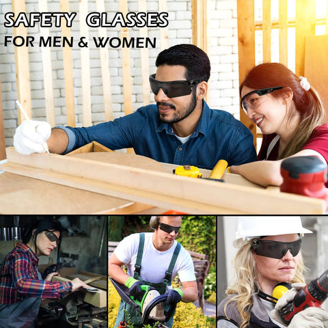 Collage of men and women wearing 12 Pack Tinted Safety Glasses ANSI Z87.1 UV400 Eyewear For Men And Women in various work settings