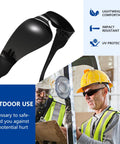 Tinted Safety Glasses Bulk 24 Pack With UV Protection Dark Smoke Lenses worn by construction workers.