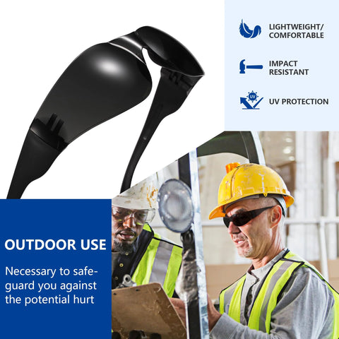 Tinted Safety Glasses Bulk 24 Pack With UV Protection Dark Smoke Lenses worn by construction workers.