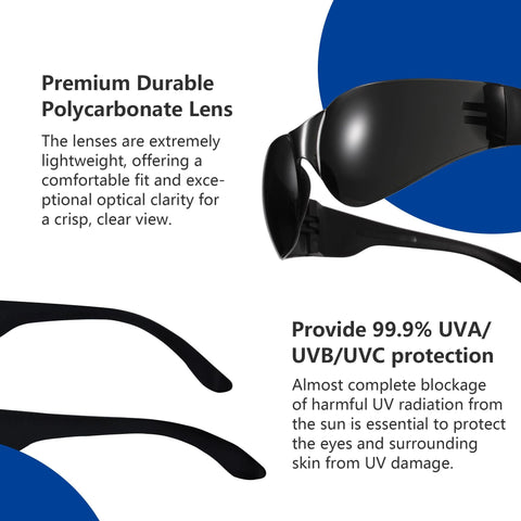 Tinted Safety Glasses Bulk 24 Pack With UV Protection Dark Smoke Lenses, side view showing polycarbonate lens and UV details