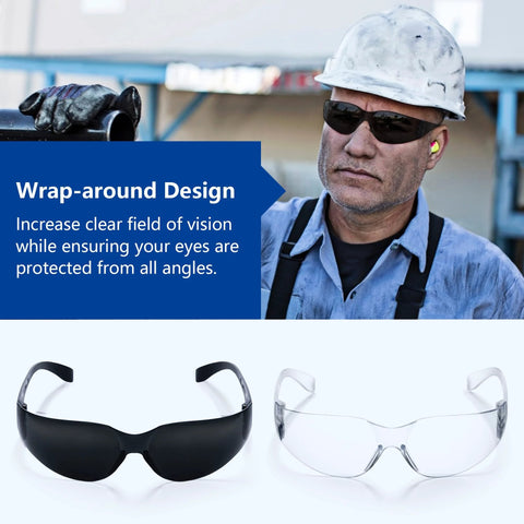 Worker wearing Tinted Safety Glasses Bulk 24 Pack With UV Protection Dark Smoke Lenses, wraparound, alongside clear version.