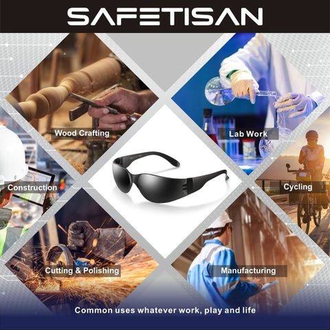 Tinted Safety Glasses Bulk 24 Pack With UV Protection Dark Smoke Lenses shown with various use examples like wood crafting and cycling.