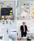 Various uses of 50 Pack Tiny Round Refrigerator Magnets 10x3mm for whiteboards, craft projects, and office organization in home and office settings.