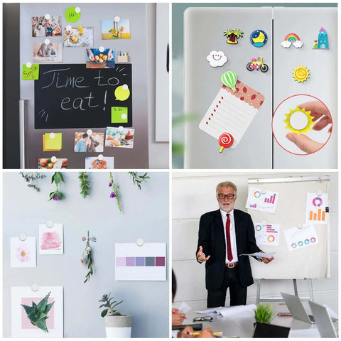 Various uses of 50 Pack Tiny Round Refrigerator Magnets 10x3mm for whiteboards, craft projects, and office organization in home and office settings.