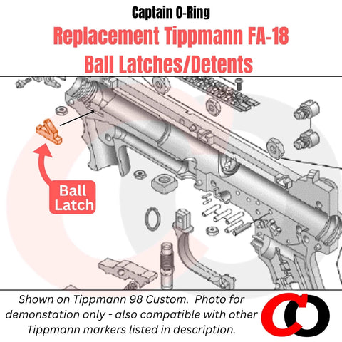 Diagram of Replacement Ball Detent Latch For Tippmann 98 Custom A5 X7 Markers FA 18 showing installation inside marker breach.