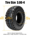 3.00-4 knobby tread tire with dimensions including outer diameter, width, and inner diameter, for scooters and mini bikes.