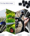 Image showing wide usage of tire caps on motorcycle, trolley, bicycle, and car, with examples of tire cap installation.