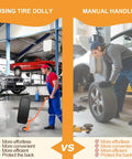 Comparison of using Tire Dolly vs Manual Handling in a garage, showing ease and efficiency of Heavy-Duty Adjustable Tire Wheel Dolly.