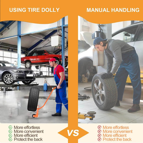 Comparison of using Tire Dolly vs Manual Handling in a garage, showing ease and efficiency of Heavy-Duty Adjustable Tire Wheel Dolly.