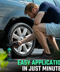 Man applying Ultra Wet Tire Dressing Spray Delivers Extreme Shine With Non Greasy Silicone Formula And UV Protection Preventing Sling Easy To Apply With Minimal Cure Time 16 Oz Water Based Finishes A Pristine Wet Look to car tire.