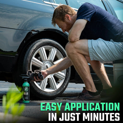 Man applying Ultra Wet Tire Dressing Spray Delivers Extreme Shine With Non Greasy Silicone Formula And UV Protection Preventing Sling Easy To Apply With Minimal Cure Time 16 Oz Water Based Finishes A Pristine Wet Look to car tire.