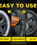 Steps showing Hot Shine Tire Foam High Gloss Tire Shine That Cleans Shines And Protects In One Easy Spray Step applied to car tire.