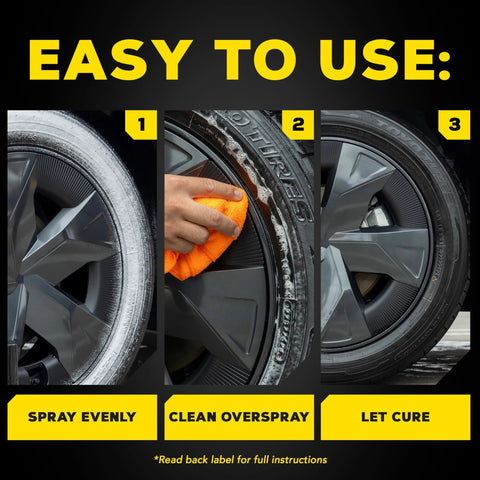 Steps showing Hot Shine Tire Foam High Gloss Tire Shine That Cleans Shines And Protects In One Easy Spray Step applied to car tire.