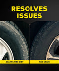Before and after comparison of tire cleaned with Hot Shine Tire Foam High Gloss Tire Shine That Cleans Shines And Protects In One Easy Spray Step