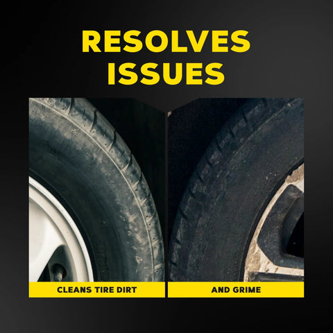 Before and after comparison of tire cleaned with Hot Shine Tire Foam High Gloss Tire Shine That Cleans Shines And Protects In One Easy Spray Step