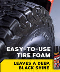 Close-up of a tire with Hot Shine Tire Foam High Gloss Tire Shine That Cleans Shines And Protects In One Easy Spray Step beside it.
