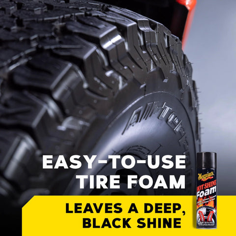 Close-up of a tire with Hot Shine Tire Foam High Gloss Tire Shine That Cleans Shines And Protects In One Easy Spray Step beside it.