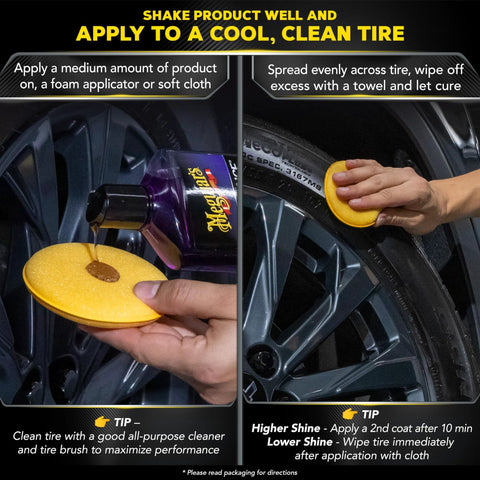 Applying Endurance Tire Gel 16 Oz Purple For A Lasting Gloss Finish on tire with sponge applicator, showing even spread technique.