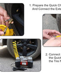 Steps showing the use of Brass Locking Tire Air Chuck with Clip Adapter connected to tire and inflator with yellow hose.