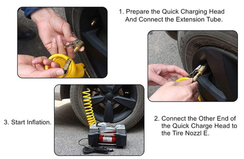 Steps showing the use of Brass Locking Tire Air Chuck with Clip Adapter connected to tire and inflator with yellow hose.