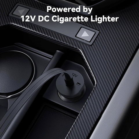 150 PSI Tire Inflator Portable Air Compressor plugged into 12V DC cigarette lighter socket in a car interior