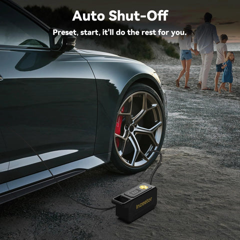 Side view of 150 PSI Tire Inflator Portable Air Compressor connected to a car tire, showing 12V DC Auto Shutoff feature.