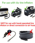 Image showing approved 12v tire inflators and warning against hand-operated inflators and direct hose connections.