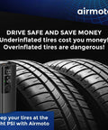 Portable Tire Inflator Air Compressor With Digital Pressure Gauge LED Light And Auto Shut Off For Cars Trucks SUVs Motorcycles Bicycles And Balls Cordless Pump Quickly Inflates Up To 120 PSI With Precise Readings In A Compact Easy To Store Design next to three stacked car tires.