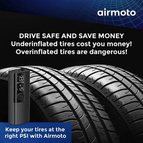 Portable Tire Inflator Air Compressor With Digital Pressure Gauge LED Light And Auto Shut Off For Cars Trucks SUVs Motorcycles Bicycles And Balls Cordless Pump Quickly Inflates Up To 120 PSI With Precise Readings In A Compact Easy To Store Design next to three stacked car tires.