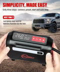 Hands holding R8 Tire Inflator Portable Air Compressor 12V DC with large dual digital screen, displaying pressure settings, truck in background.