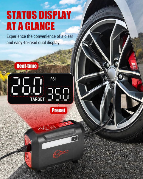 R8 Tire Inflator Portable Air Compressor 12V DC With Large Dual Digital Screen inflating a car tire outdoors