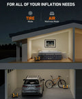 Portable Tire Inflator With Dual Power Motors And Bright LED Light 150 PSI 12V DC Or 110V AC in home and garage setup