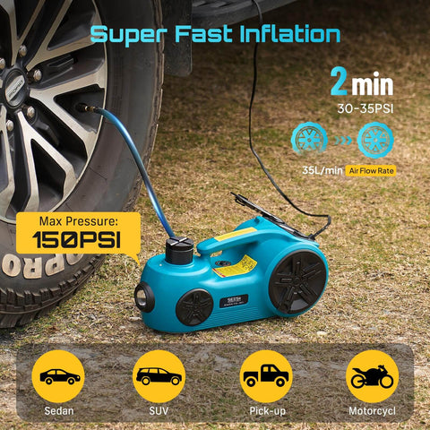 Beast 3 In 1 Electric Car Jack Kit With 5 Ton 12V Hydraulic Floor Jack Impact Wrench And Tire Inflator Pump in use