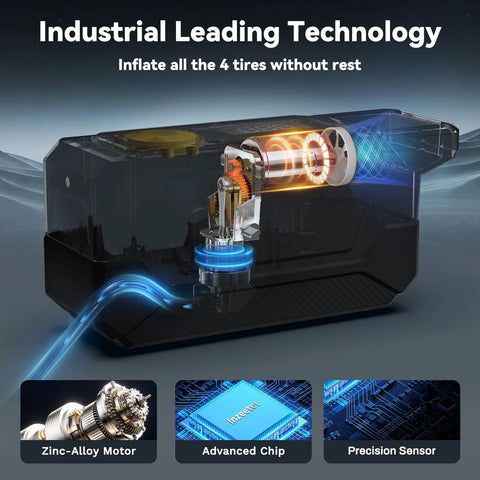 Cutaway view of 150 PSI Tire Inflator Portable Air Compressor, highlighting zinc-alloy motor, advanced chip, and precision sensor.