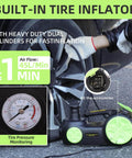 5 Ton Electric Hydraulic Car Jack Kit With 12V Portable Lift Reach 20.9 Inches ROGTZ Upgrade shown inflating car tire