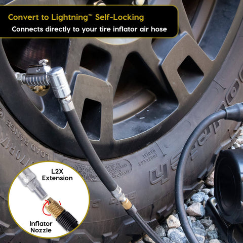 Side view of a Lightning L2X Quick Connect Locking Tire Inflator Air Chuck Extension with 90° adapter attached to a tire.
