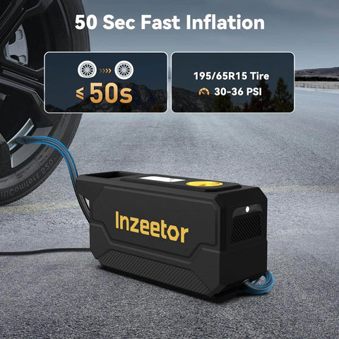 150 PSI Tire Inflator Portable Air Compressor, 12V DC Auto Shutoff Air Pump with Digital Pressure Gauge and LED Light in use next to car tire.