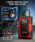 Portable 3000A Jump Starter With Air Compressor For Cars And Trucks next to tire inflating at 150 PSI