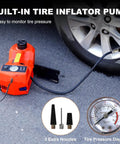 5 In 1 Electric Hydraulic Car Jack Kit With 12V Floor Jack Impact Wrench Tire Inflator Pump And LED Light For SUV And Sedan Tire Change Lifting Height 6 To 17.7 Inches Portable Hydraulic Car Jack with built-in tire inflator pump in use.