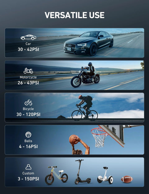 Versatile use for L7 Portable Tire Inflator And Cordless Mini Air Compressor with cars, motorcycles, bikes, balls, scooters