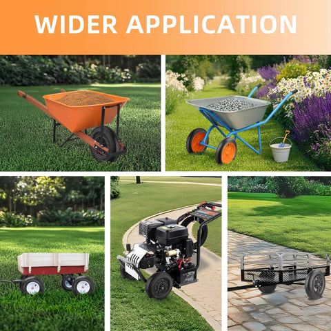 Collage of wheelbarrows, garden carts, and trailers using ✝️ (1-set) 4.80/4.00-8" tire and inner tube set, for smooth motion and stability