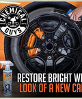 Image of Tire Kicker Sprayable Extra Glossy Tire Shine Spray Dry To Touch Dressing Restores Wet Look To Rubber Vinyl And Plastic 16 oz bottle next to a glossy vehicle tire.