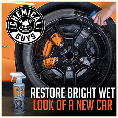 Image of Tire Kicker Sprayable Extra Glossy Tire Shine Spray Dry To Touch Dressing Restores Wet Look To Rubber Vinyl And Plastic 16 oz bottle next to a glossy vehicle tire.