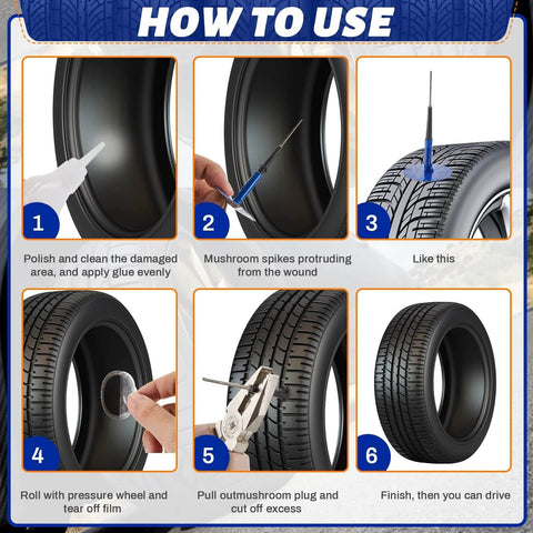 Instructions for using 48 Piece Tire Patch Kit With Mixed Size Patches And Mushroom Plugs For Cars Motorcycles Trucks And Buses