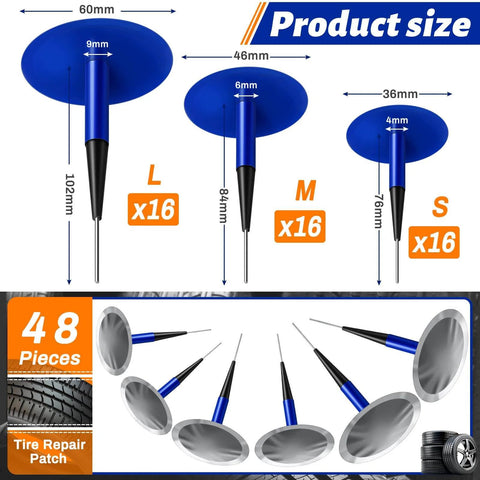 Image showing product size of the 48 Piece Tire Patch Kit With Mixed Size Patches And Mushroom Plugs For Cars Motorcycles Trucks And Buses