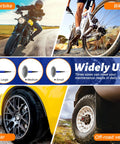 48 Piece Tire Patch Kit With Mixed Size Patches And Mushroom Plugs For Cars Motorcycles Trucks And Buses shown in use on various vehicles
