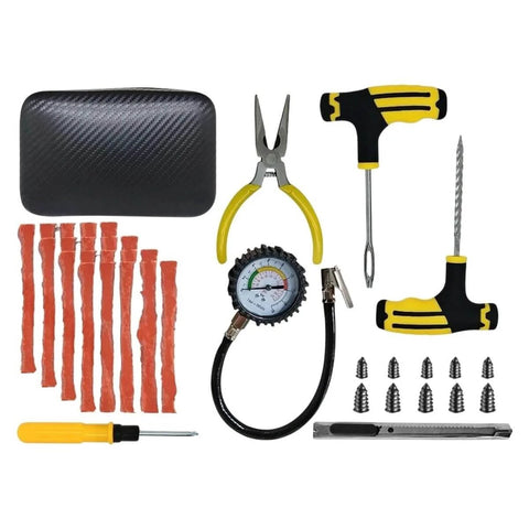 All Terrain Tire Patch Kit For Cars Trucks And RVs Quick Fix Heavy Duty Glue And Rubber Strips Puncture Repair On The Go Easy Install Emergency Tire Repair Tool For Roadside DIY Durability Ready To Roll, including tools and strips.