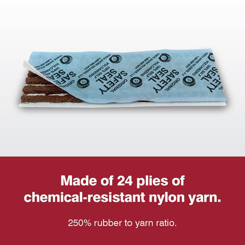 Truck Tire Deluxe Repair Kit patch made of chemical-resistant nylon yarn, shown with product specifications.